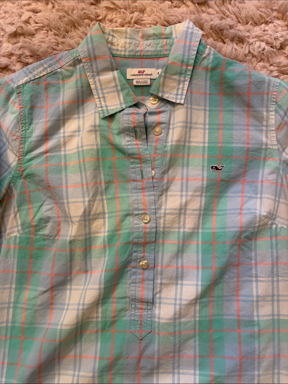 Women Vineyard Vines Pastel Plaid Button-Down Shirt - Mint, Light Blue & Coral - Picture 1 of 5